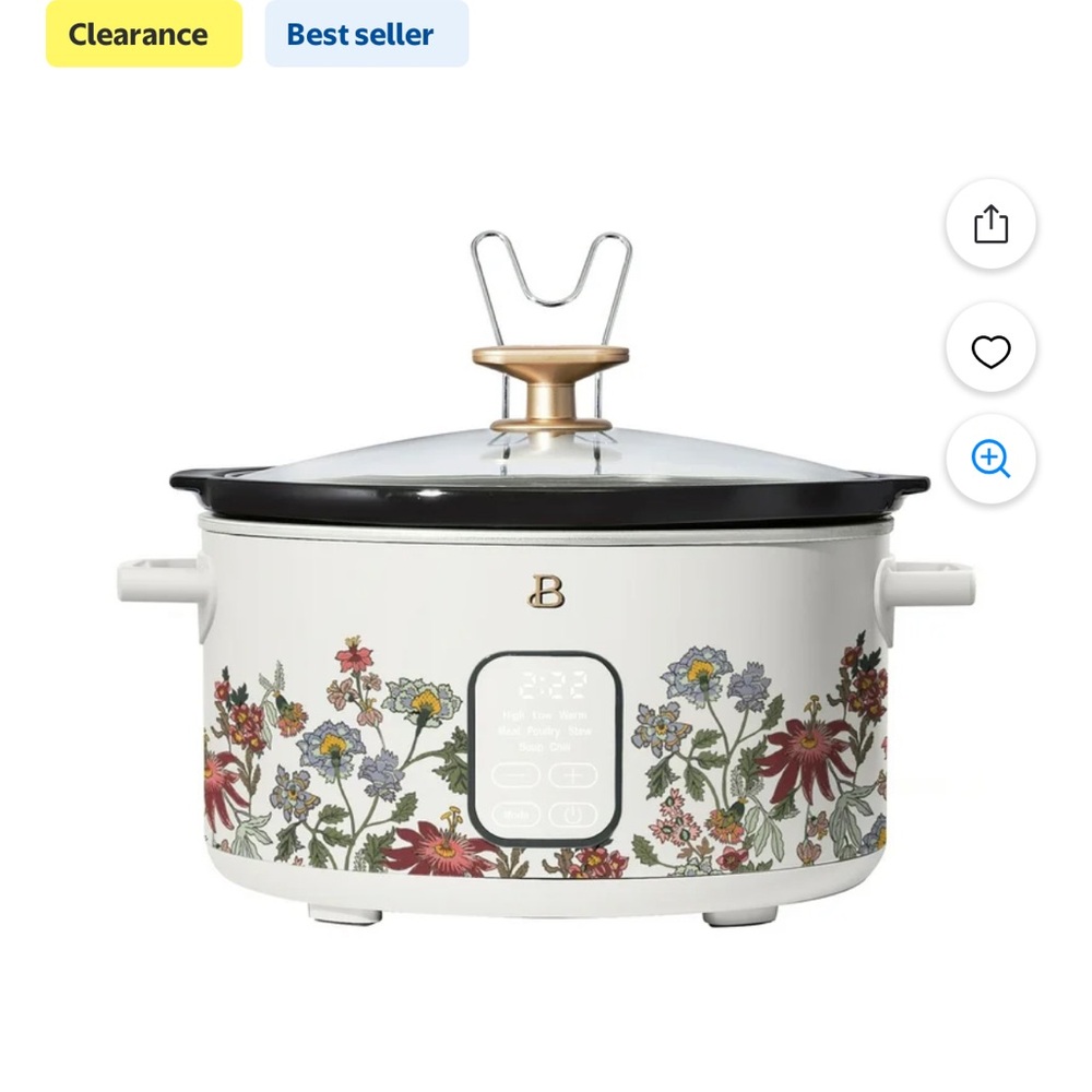 DREW White Slow Cooker with Floral Pattern and Gold Accent